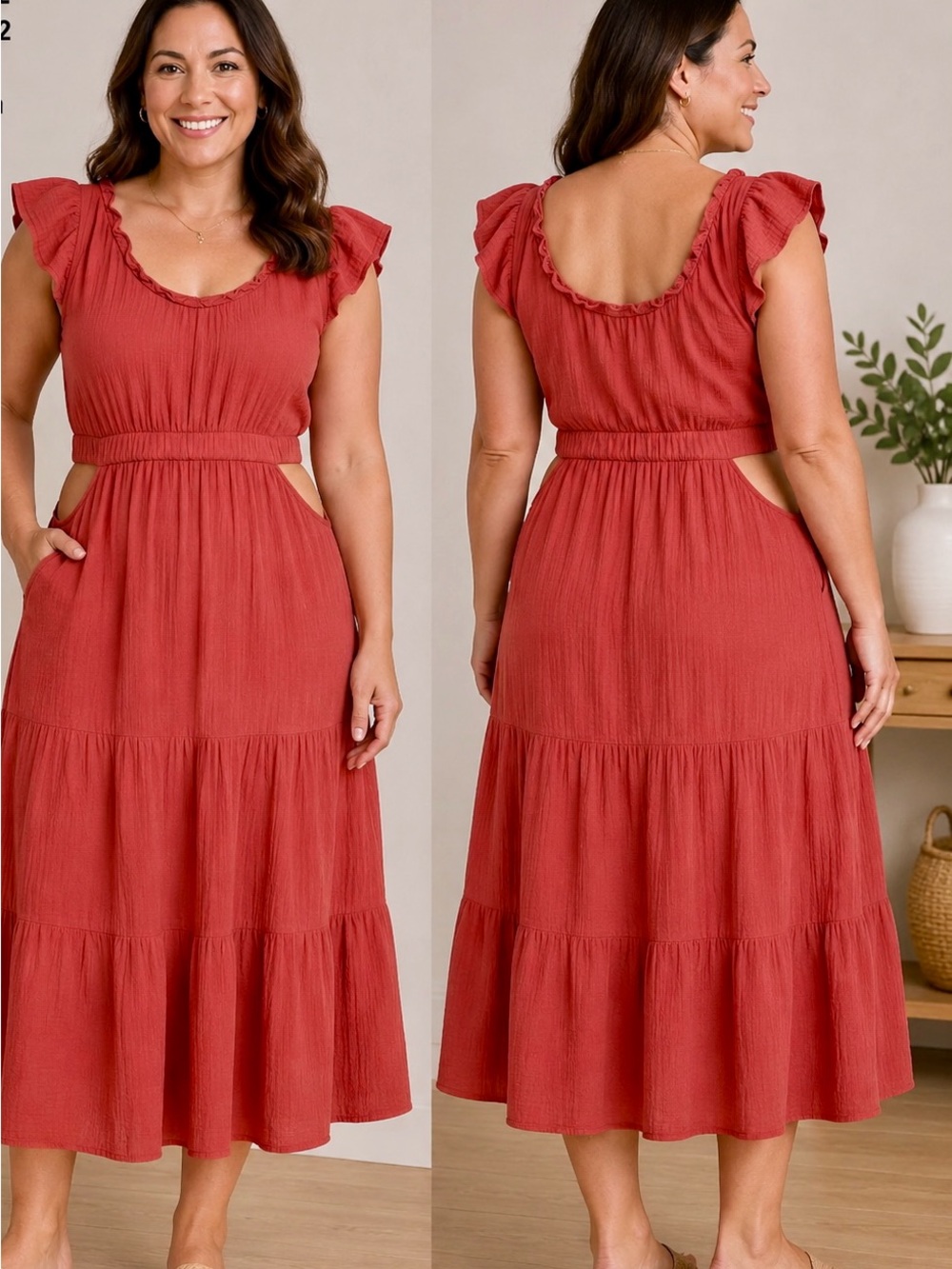Scoop-Neck Rust Tiered Midi Dress with Cutout Waist